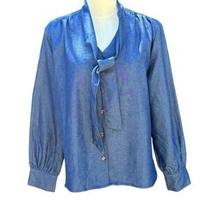 Vintage Style Chambray Button-Up Bow-Tie Blouse with Tie Neck Medium